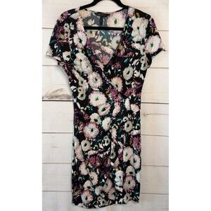 BCBGMAXAZRIA Womens Floral Faux Wrap Dress Purple White Teal Short Sleeve Size M
